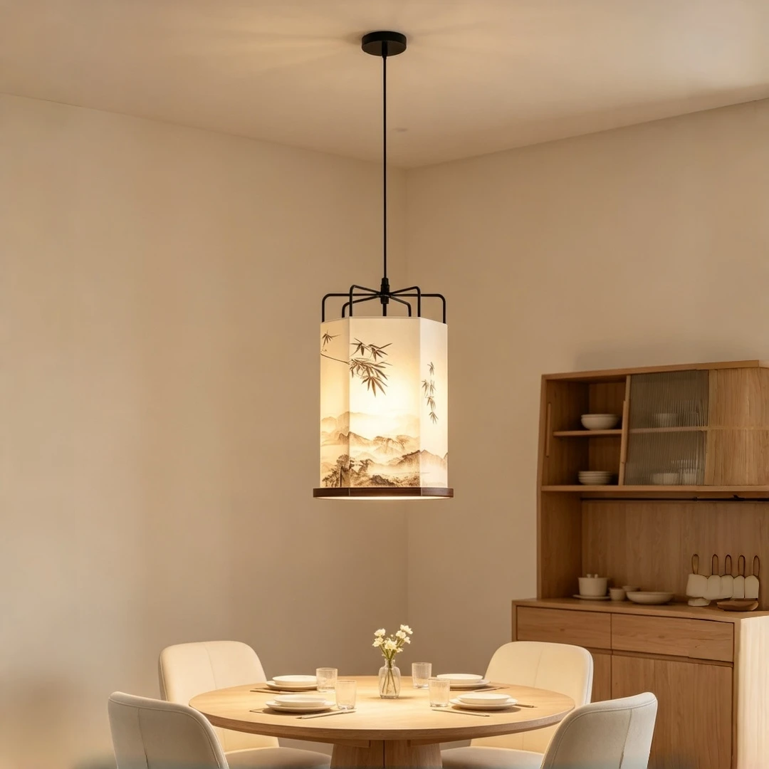 Oriental Ink Landscape Cylindrical Pendant Light for Tea Room Dining Zen Vintage Chinese Style Ceiling Hanging Decor Lamp