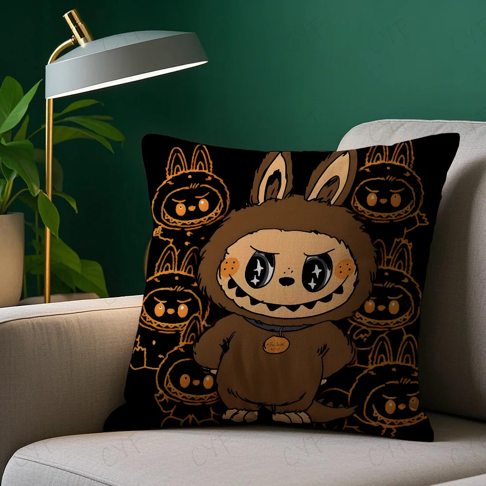 Hot C-cartoon L-Labubu Pillow Case Pillowcase Anti-dustmite Pillow Invisible zipper silky short plush Sofa cushion cover