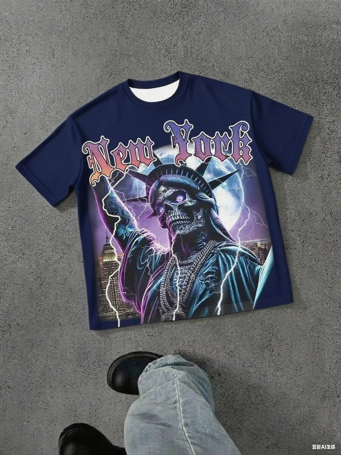 Pure Cotton Short - Sleeve Tee, Unique New York Skull Statue of Liberty Print, Edgy Streetwear, Soft Fabric for Casual Looks