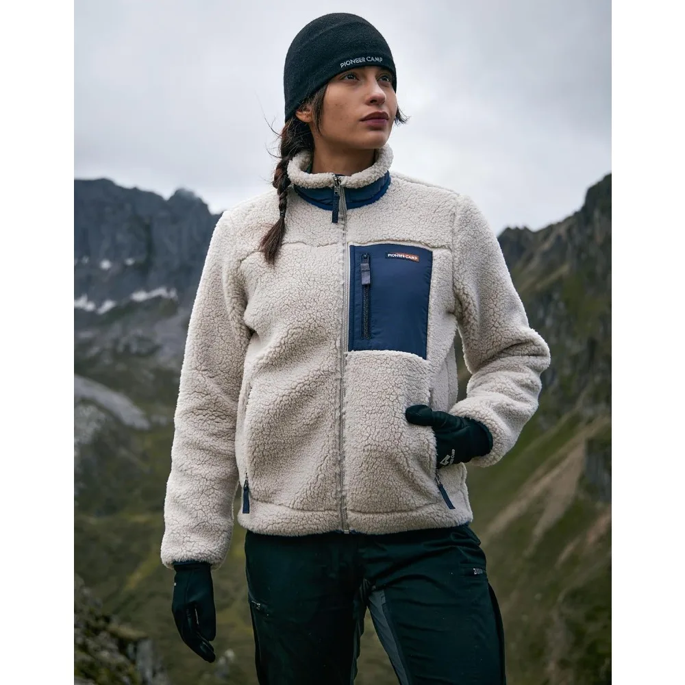 Pioneer Camp Women's Fuzzy Fleece Jacket, Warm Fleece Full Zip Jacket Cozy Stand Collar Coat with Pockets Casual Workout