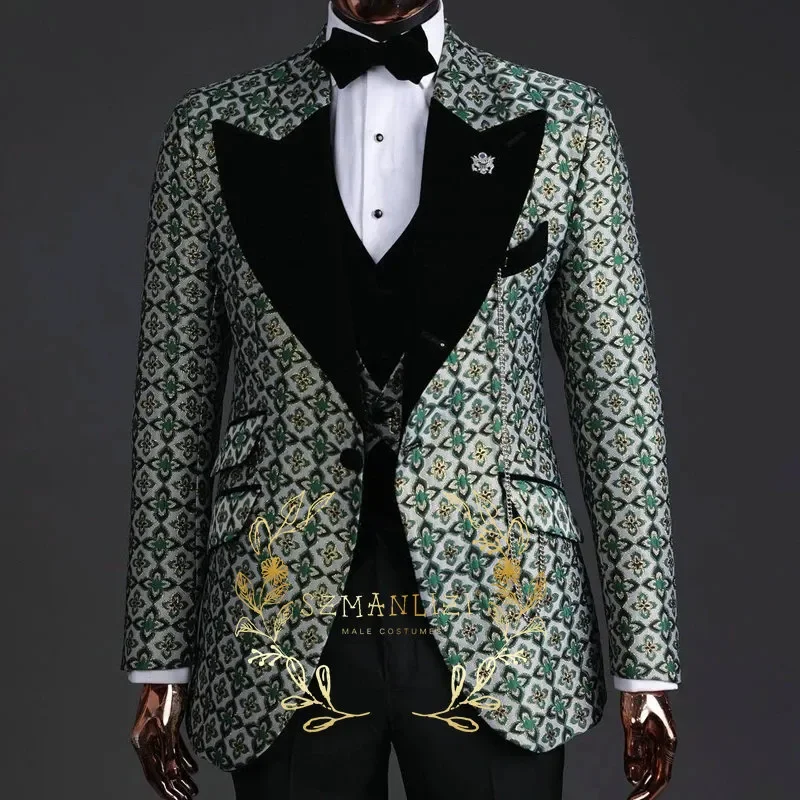 

Luxury Green Floral Wedding Tuxedo For Groom Slim Fit Men Suits Peaked Lapel Costume Homme 3 Pieces Blazer Vest Pants Sets