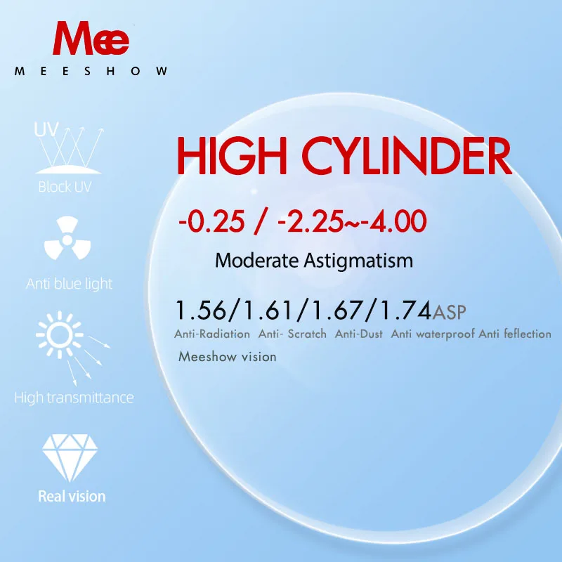 

Meeshow Optical Lens High astigmatism High Cylinder -2.25~4.0 Prescription Myopia Presbyopia 1.56 1.61 1.67 1.74 Index GREEN-EMI