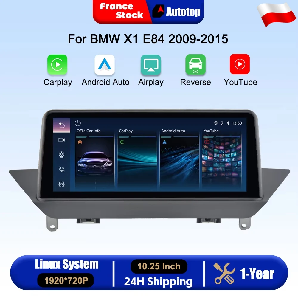10,25-calowe bezprzewodowe radio samochodowe z funkcją CarPlay i Android Auto do BMW X1 E84 2009-2015 z systemem CIC/brak oryginalnego ekranu. Inteligentny system samochodowy z ekranem dotykowym,