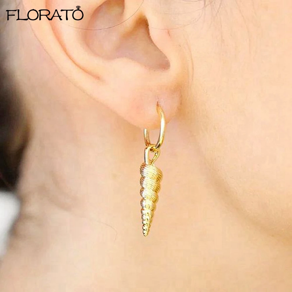 925 Sterling Silver Needle Trendy Conch Pendant Metal Casting Texture Earring Gold Color Fashion Jewelry Party Ear Accessories