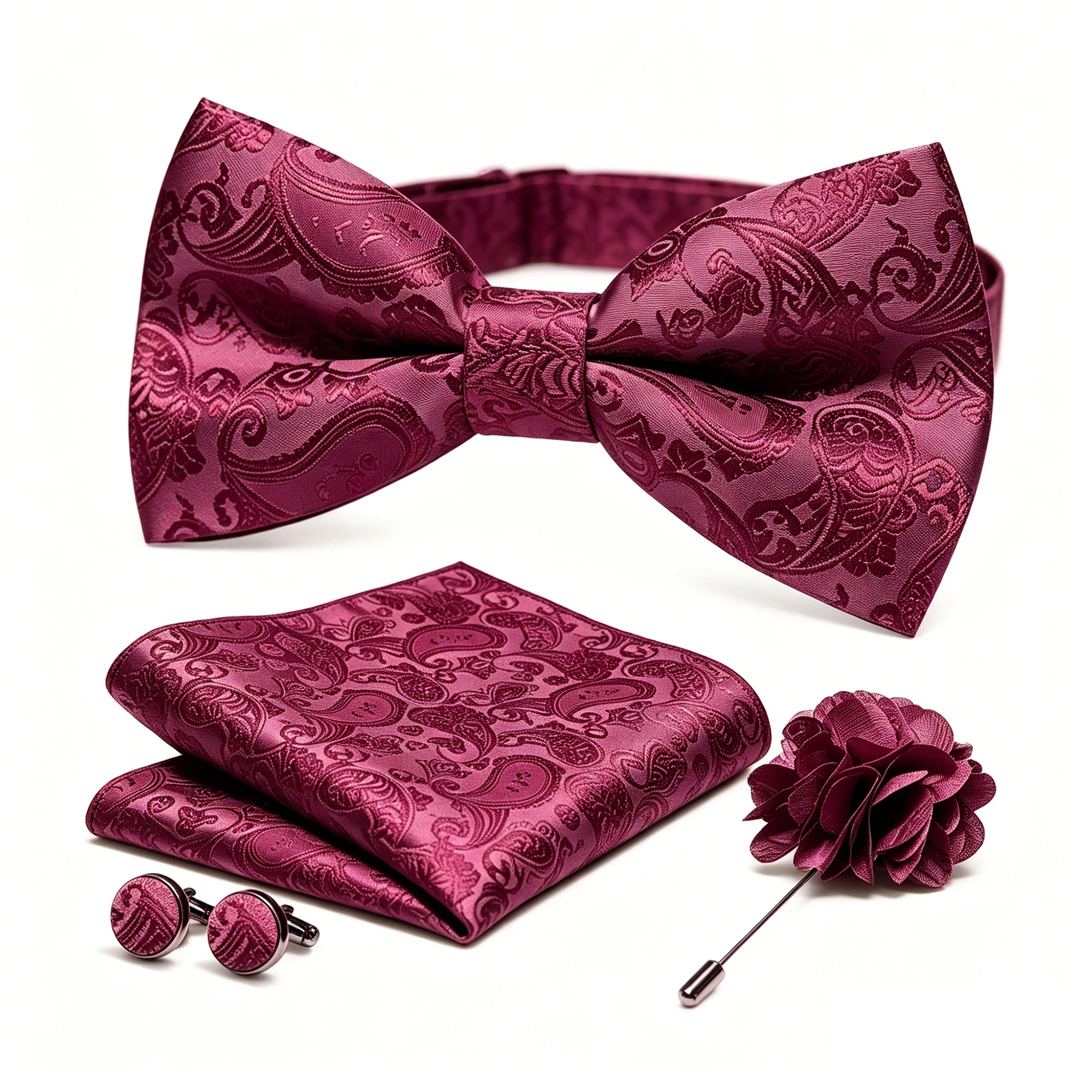 36-teiliges Set: Schwarze Seiden-Jacquard-Paisley Herrenfliege, Brosche, Einstecktuch und Manschettenknöpfe – Vorgebundene Schmetterlingsfliege für Herren, Hochzeit und Business – Detail 13