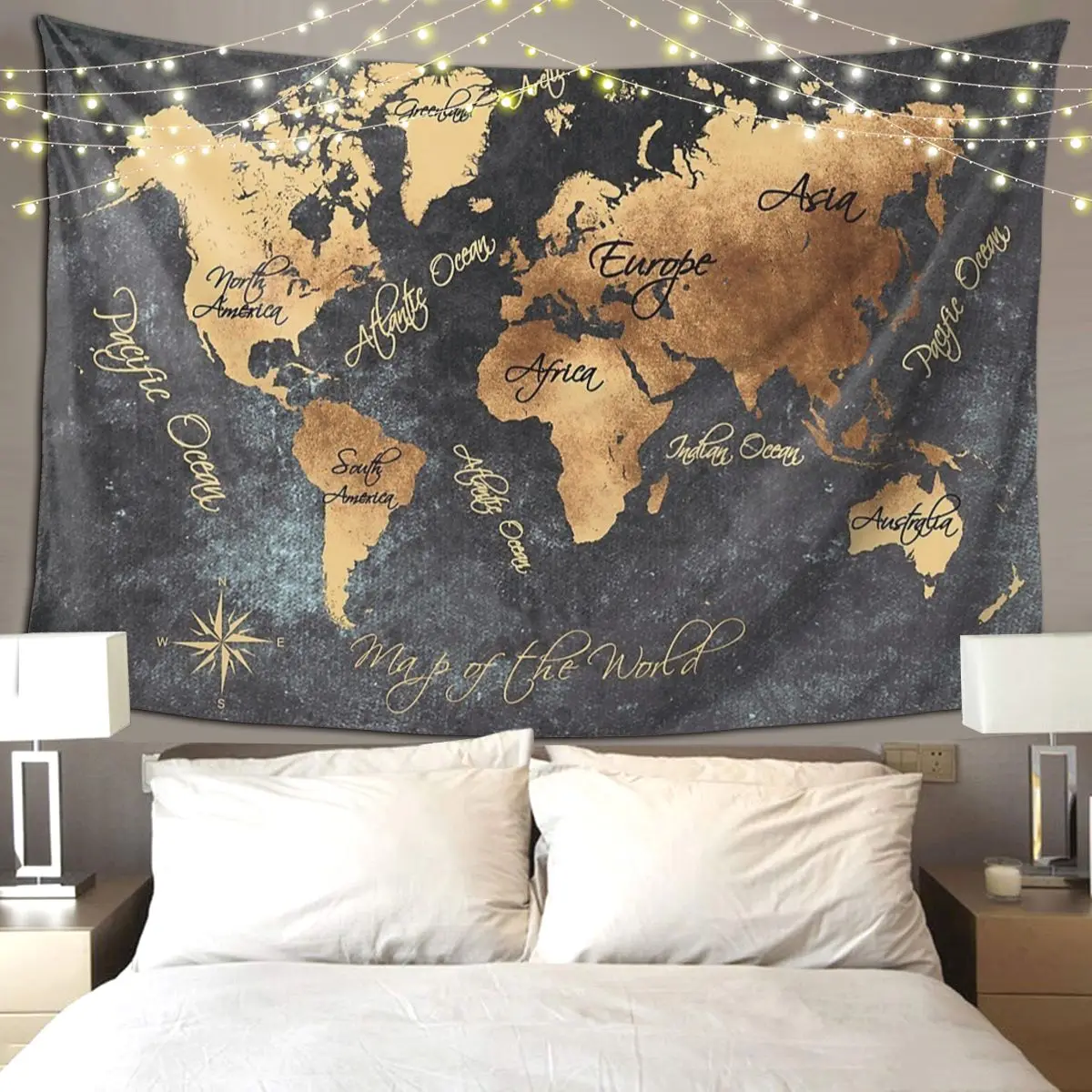 World Map 147 Gold Black Tapestry Hippie Wall Hanging Aesthetic Home Decoration Tapestries for Living Room Bedroom Dorm Room