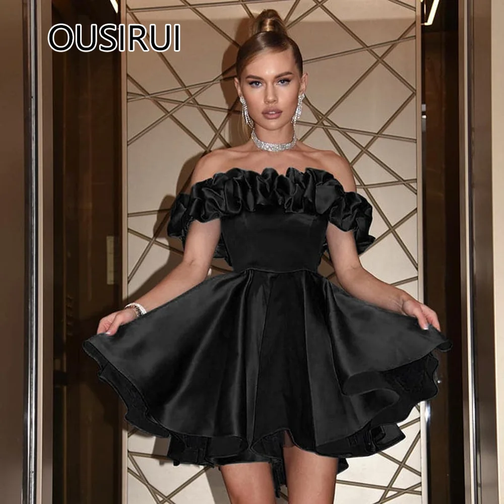 

OUSIRUI Classic Black Boat Collar Satin Solid Ruffles Prom Party Dress A-line Backless Women Evening Prom Gown vestidos de festa