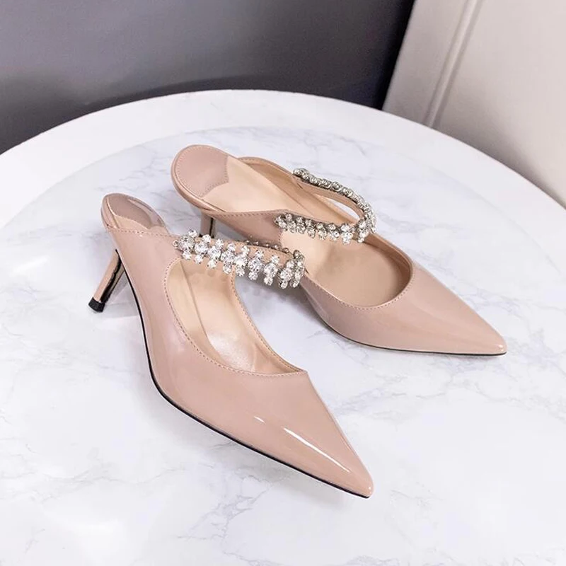 Delicate Rhinestone Belt Sandals for Women Pointed Toe Thin Heel Summer Slippers Patent Leather Flat Low Heel Mules Casual Shoes