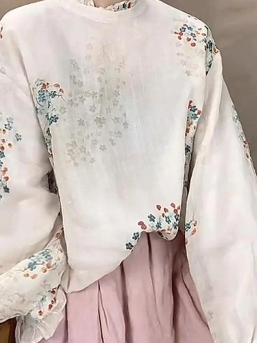 Fre giapponese Sle cotone sciolto irt donna Faion riduzione dell'età colletto in pizzo Thiened Long Sve stampato cotone Jaet