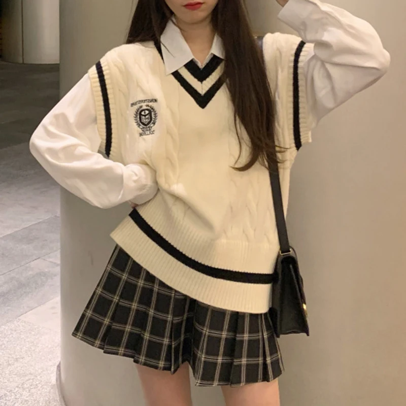 Retro Sweter Bez Rękawów Damski Wiosenno-Jesienny, Styl College, Nowy Model 202, Jednolity Kolor, Dekolt V, Regularna Długość