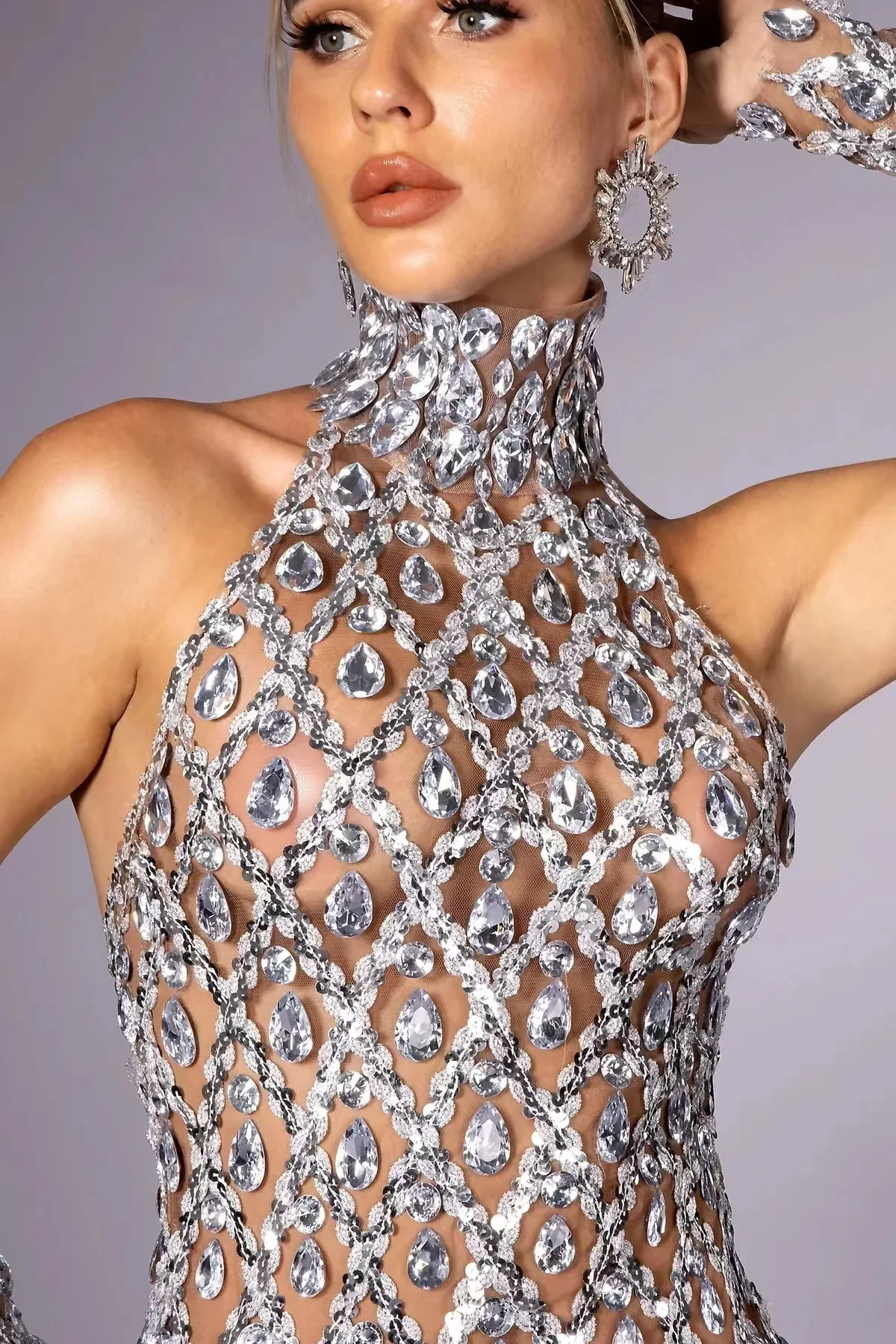 AWAWOHO Callie Diamond Sequin Halterneck Mesh Sheer Dress In Silver Shaokaojia