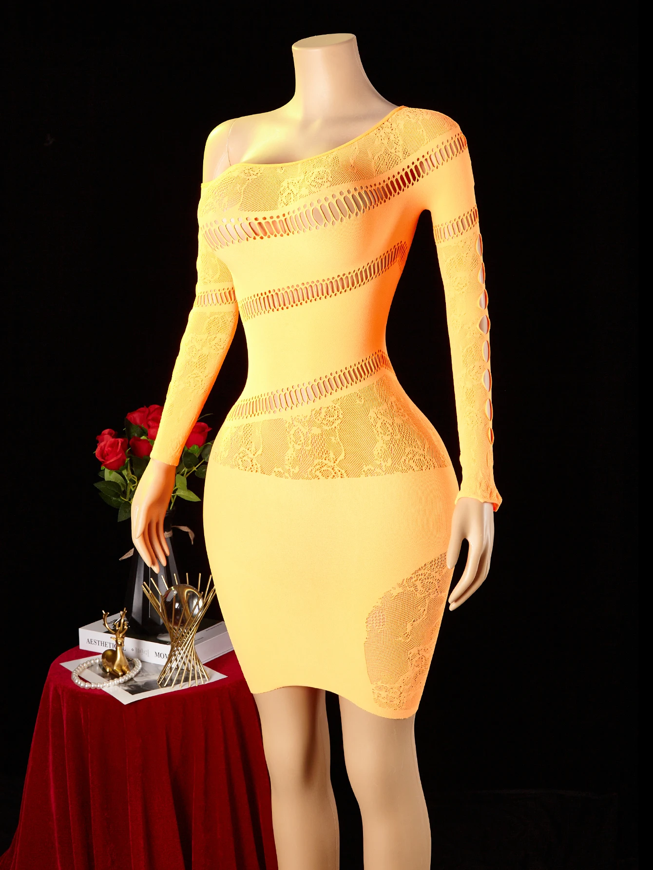 Women's Sexy Dress Asymmetrical Design Hollow Out Bodycon Dress Long Sleeve See Through Mesh Dress Club Party Street Outfit