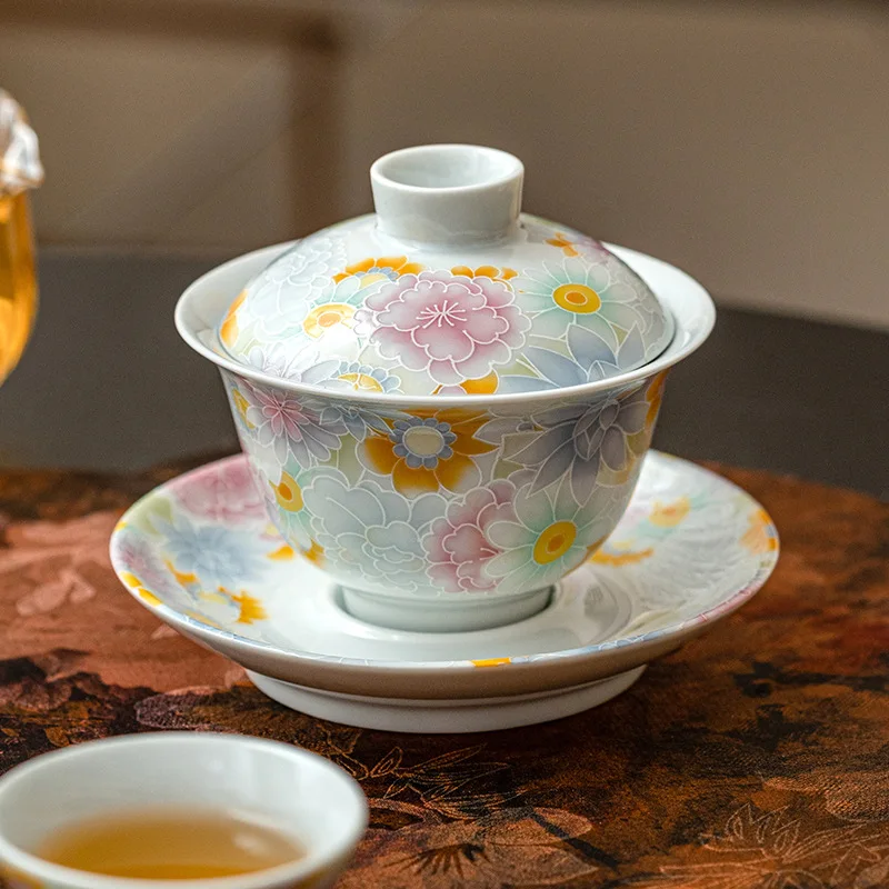 

Hand-painted Flowers Tureen Ceramic Porcelain Gaiwan Chinese Kung Fu Tea Cup Antique Covered Teacup Household Teaware Master Cup