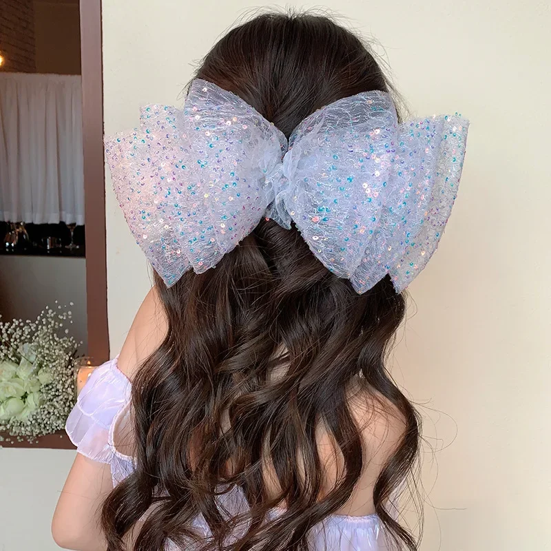 2023 New Fashion Fish Scale Oversized Sequined Bow Hair Clip Hair Accessories Big Bow Spring Clip Female Back Head Headwear