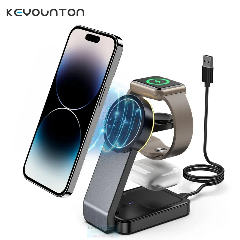Foldable Magnetic Foldable Wireless Charger 3 In 1 Travel Charger Pad Stand for IPhone16 15 Pro Max Airpods IWatch 9 Samsung S24