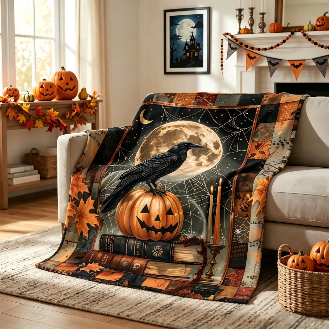 1pc Pumpkin Skull Crow Cobweb Bats Blanket Gifts Halloween X-mas Flannel Blankets Women Men Festival Decoration Four Season Use