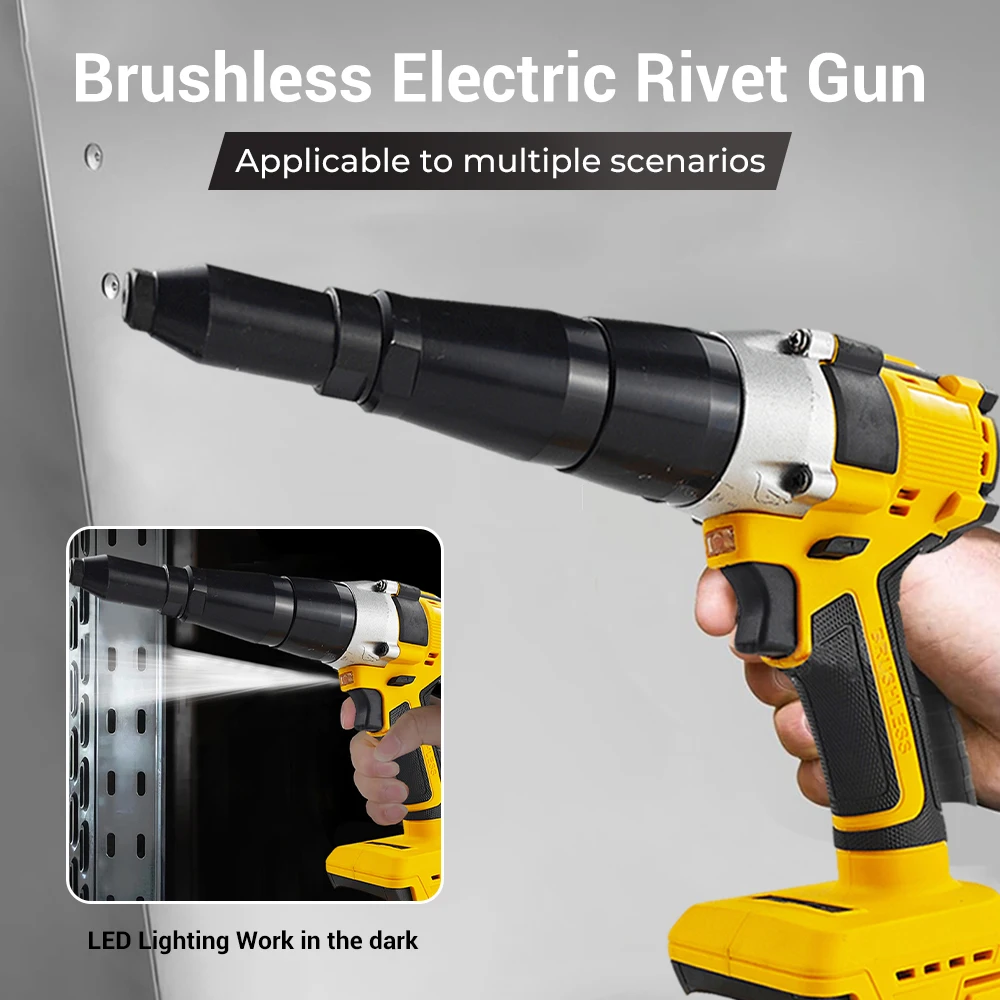 Brushless Electric Rivet Gun 2.4mm-4.8mm Automatic Riveter Rivet Hand Tool with LED Light for Dewalt 20V Battery (No Battery)