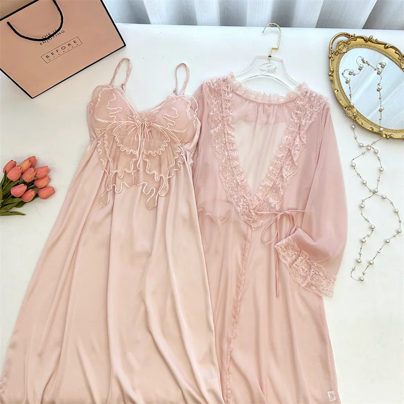 Elegant Long Robe Nightgown Set Kimono Bathrobe Gown Sexy Lace Butterfly Suspender Nightdress Intimate Lingerie Satin Home Wear