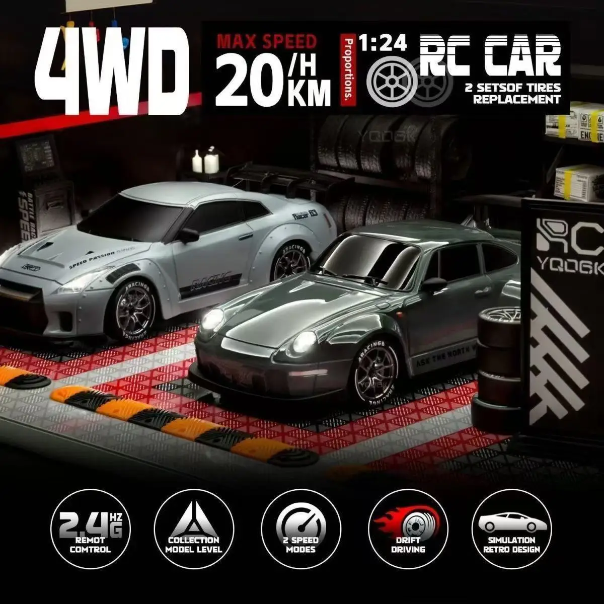 1/24 Desktop RC Drift Car, 4WD Full Proportional Control Racing Model, Professional Hobby Birthday Gift for Boys
