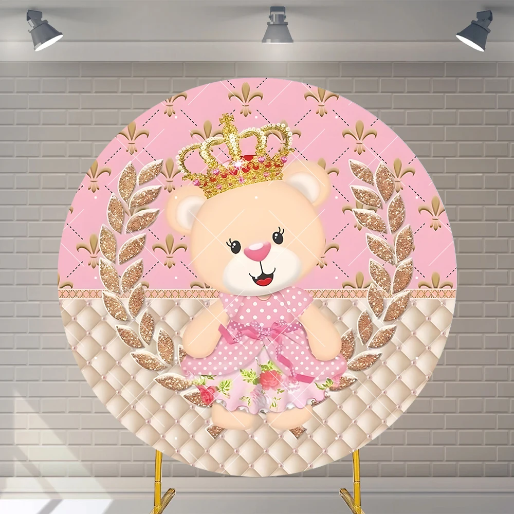 Custom Pink Bear Theme Backdrop Floral Crown Round Photography Background Kids Baby Girl 1st Birthday Party Decor Photo Booth