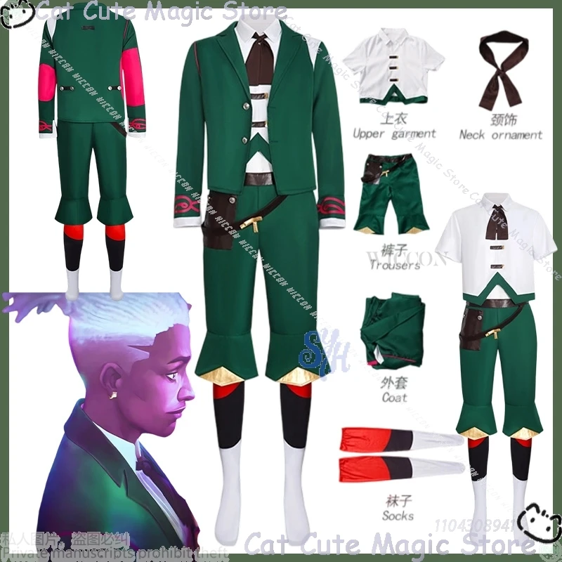 

EKKO Cosplay Game Movie Arcane：Lol Anime Costume Dark Green Coat Pants Suit PUNK Fashion Halloween LOL Party Cos