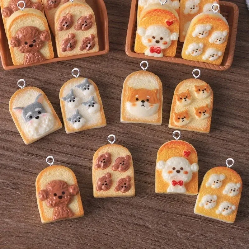 10Pcs Sweet Dog & Bread Flatback Resin Pendants Adorable Puppy Animal Charms Handcraft Findings For Dangle Earrings