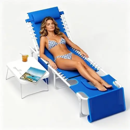 5-Position Adjustable Folding Beach Chaise Lounge Chair with Face Hole & Detachable Side Table, Portable Reclining Sun