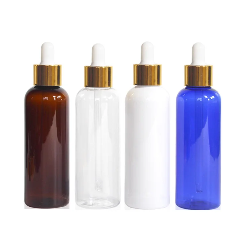 50Pcs 100ml PET Plastic Bottle Shiny Gold Lid Clear White Blue Brown Cosmetic Refillable Empty Essential Oil Dropper Bottles