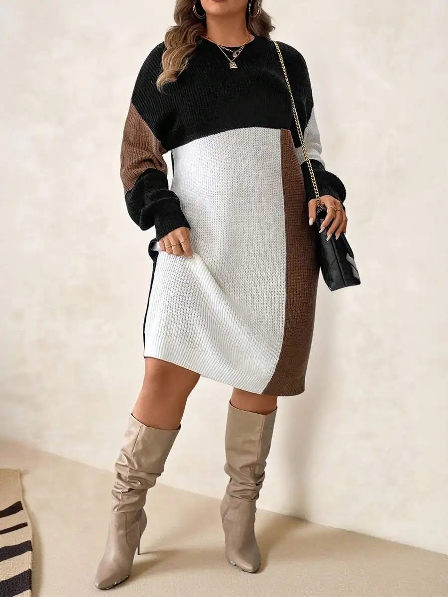 เสื้อสเวตเตอร์ผู้หญิงไซส์ใหญ่ ดีไซน์หรูหรา ตัดต่อสี คอทรงกลม แขนยาว ไหล่ตก ใส่สบาย อุ่น สำหรับฤดูใบไม้ร่วงและฤดูหนาว