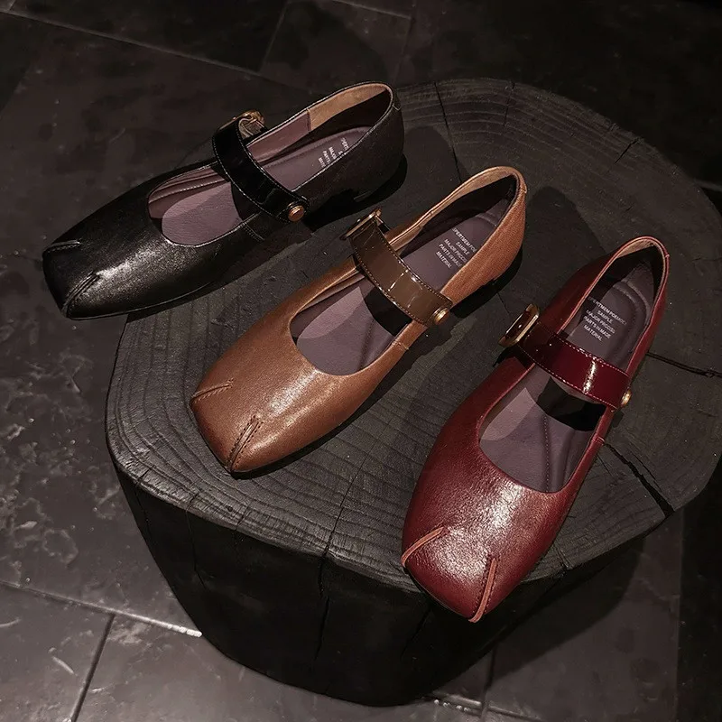 

MKKHOU Fashion Women's Shoes New High Quality Genuine Leather Shoes Square Head Flat Shoes Mary Janes Daily Lightweight Shoes