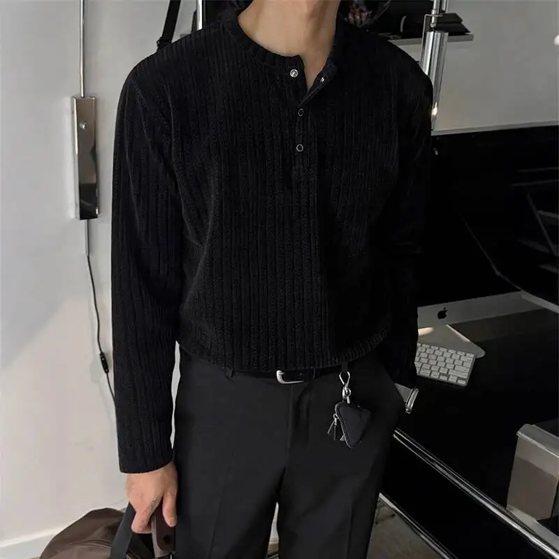 Black Coffee Ribbed Long Sleeve Men's T-shirt 2026 Spring New Loose Casual Round Collar Pillover Tops Chic Clothes DVS5