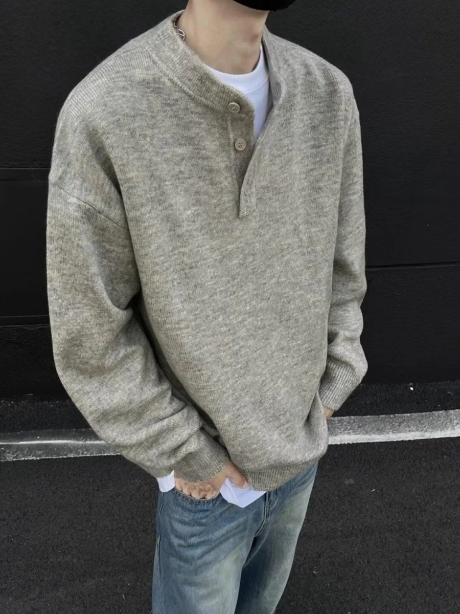 

American Sle Haome Henry Collar Knitwear Men's Loose Fit Casual Faion Winter Outerwear Soft Polyester Long Sve