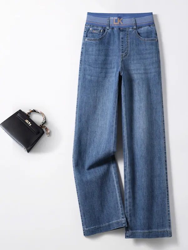 

Blue High Waist Elastic Wide Leg Pants Women's Loose Fit Straight Cut Jeans Casual Comfortable Spring Faion 2026