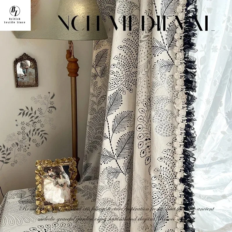 

Custom Size！French Retro Black and White Plant Jacquard Chenille Lace Lace Curtains for Living Dining Room Bedroom Window Decor