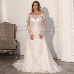 Classic A-line Lace Long Sleeve Wedding Dress 2022 Sexy Boat Neck Corset Appliques Court Train Plus Size Bridal Gowns