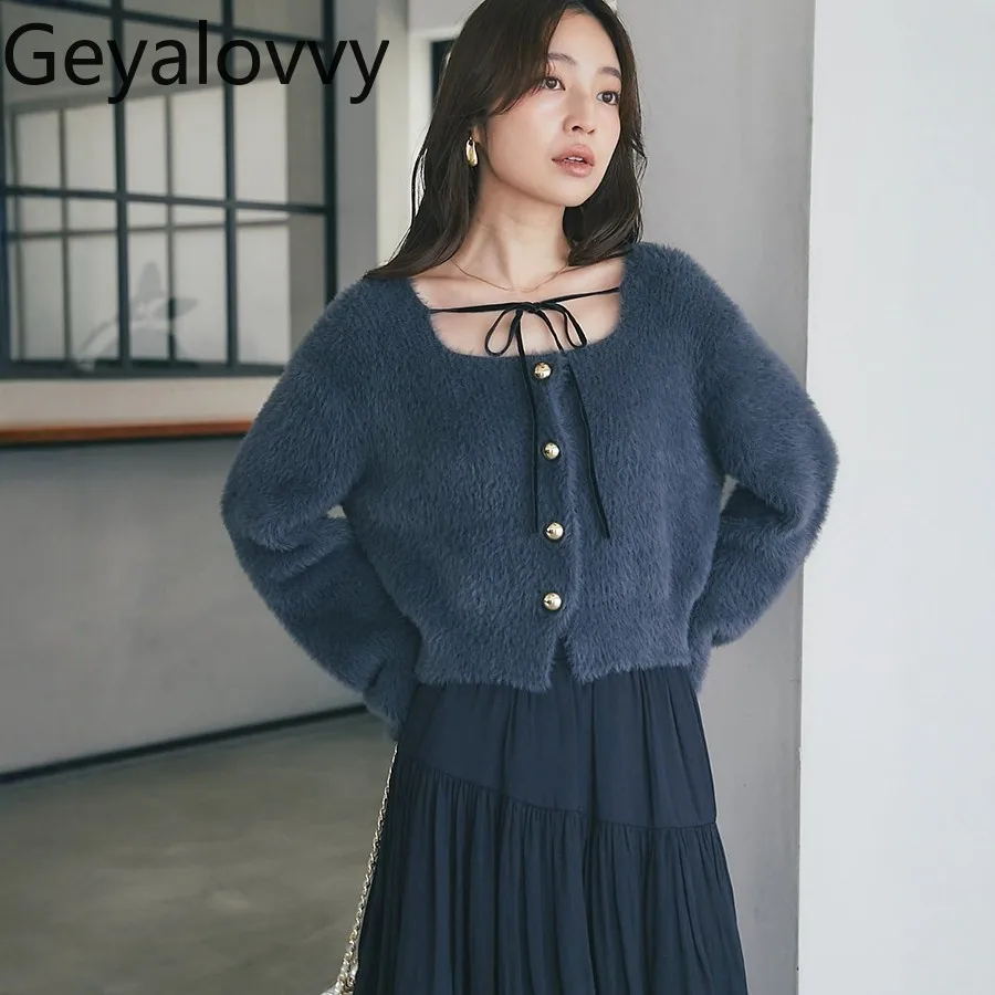 

Short Square Neck Knitted Cardigan Japanese Style Fluffy Lace Decoration Slim Fit Long Sleeve Girls Sweater Top Autumn Winter