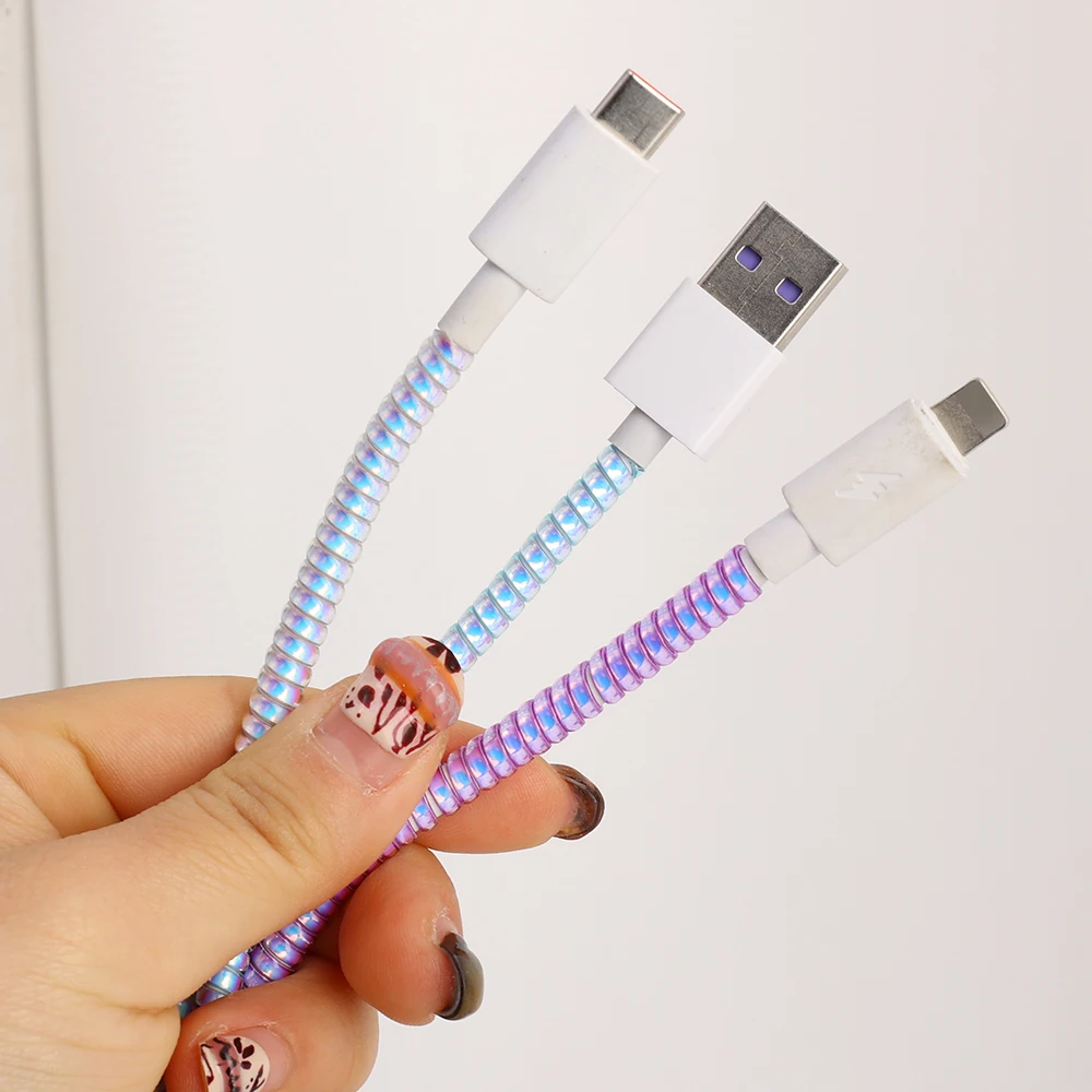 140CM Colorful Laser Spiral USB Data Cable Sleeve Charger Cable Cord Protector Wrap Cable Winder For iPhone Samsung Mi Universal