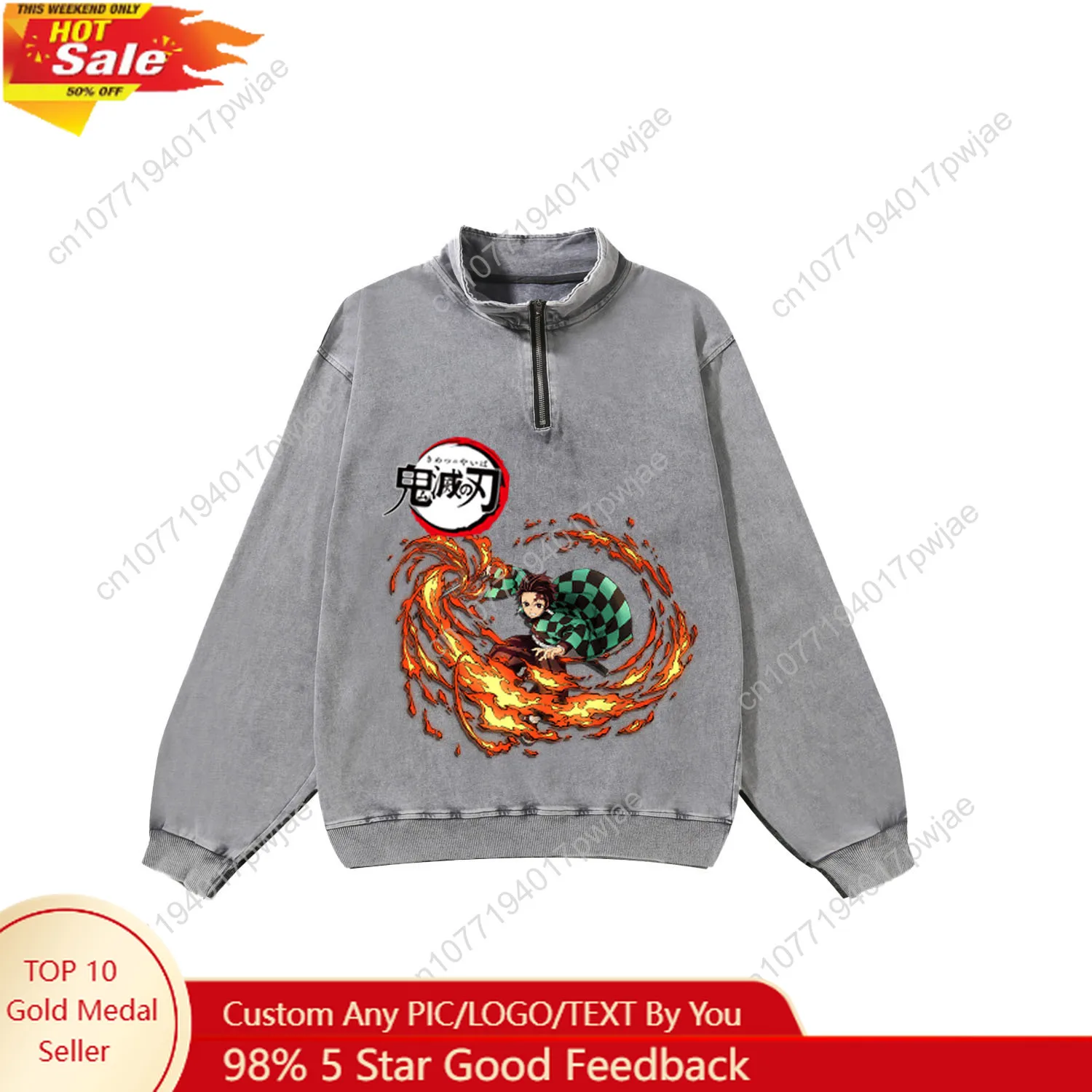 

Anime Demon Slayer Kimetsu No Yaiba Custom Retro Sweatshirt Mans Womans Half Zipper Vintage Sweat Shirt Photo Custom Made Tops