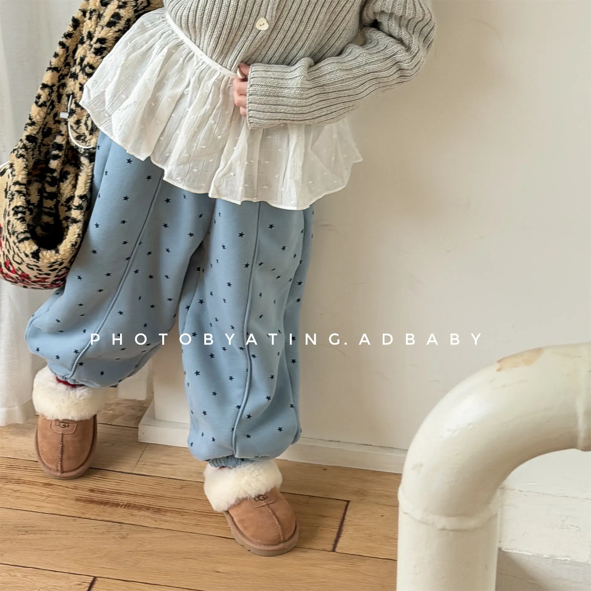 129  Winter New Toddlers Kids Printed Trousers Fleece Lining Thicken Warm Korean Style Children Sweat Pants  1 2 3 4 5 6 Years