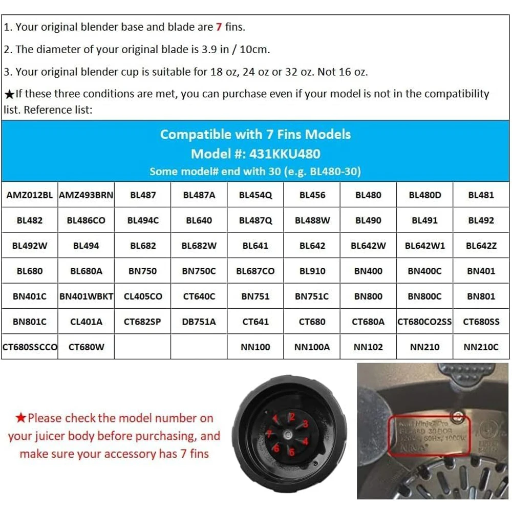 For Nutri Ninja Auto iQ BL480 BL481 BL482-30 BL487 Blender Juicer 7 Fin Extractor Bottom Blade,With Silicone Rubber Seal Sealing image 2