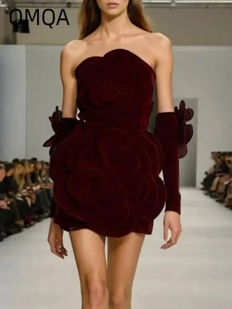 QMQA moda mujer 3D flor vestido de noche sin tirantes guantes de flores cintura alta sin mangas vestido elegante otoño 2024 nuevo 1A201