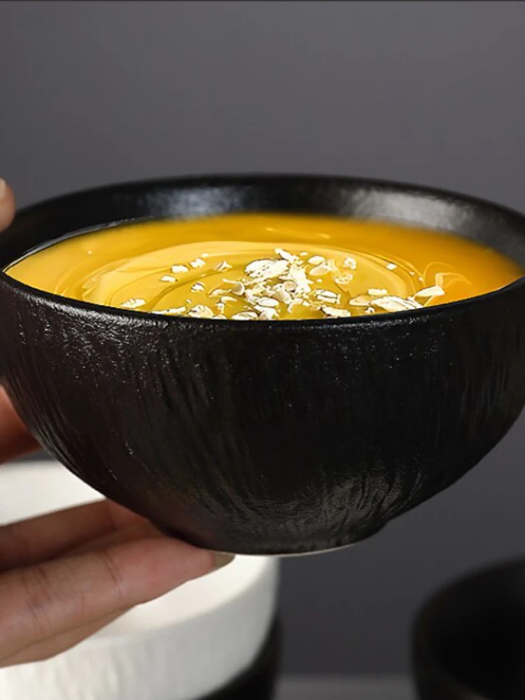 Céramique conviviale rée à motifs de roche, bols à soupe, assiettes à dessert, bols à riz ménagers, bols à salade filetés à document solide
