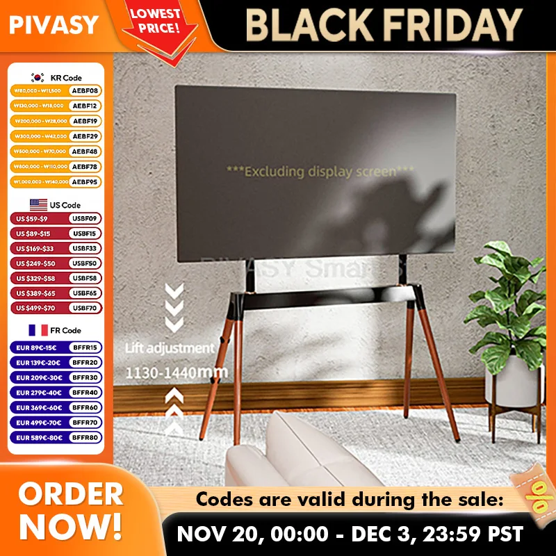 드릴 없이 설치하는 55-86인치 TV 마운트, 모던하고 예술적인 TV 플로어 스탠드, 거실용 원목, 40KG 하중, 안전 스트랩 포함