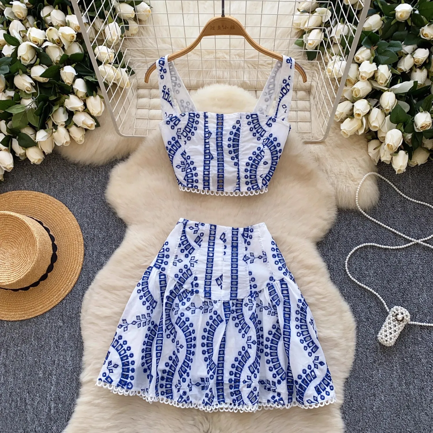 

Embroidery 2 Pieces Skirt Set Women Hollow Out Crop Short Tops + Zipper Mini Skirts Suit Summer Holiday Vacation Ladies Outfits