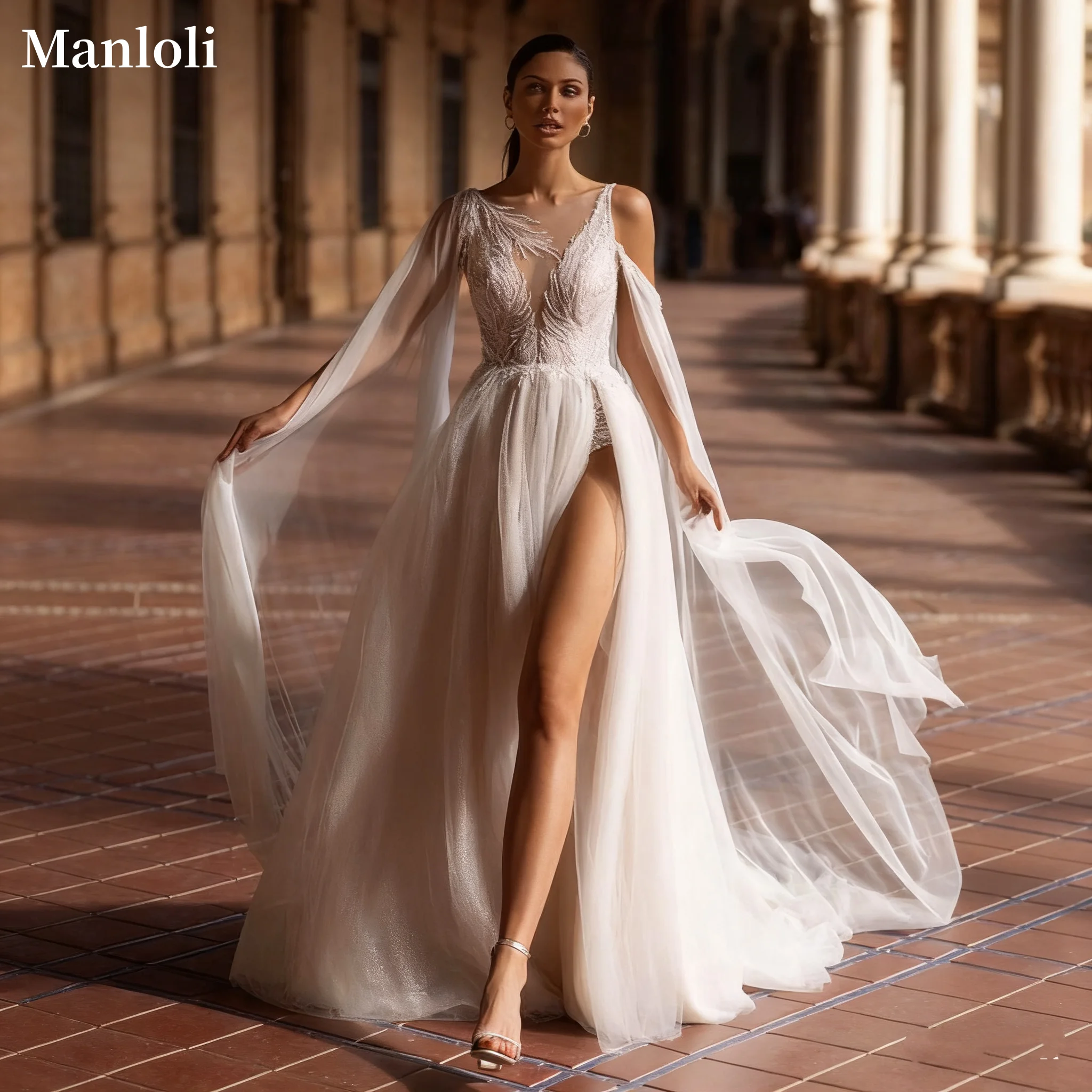 

Elegant Tulle Wedding Dress Lace Decal Blossoming Cape Sleeves Formal Wedding Dress A-line Split Bride Dress Customization