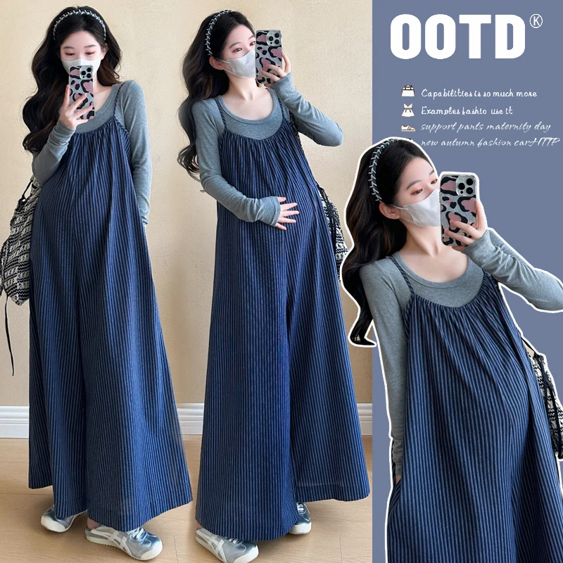 

Spring Style Retro Blue Striped Cotton Overalls Casual Wide-leg Bib Pants Y2K Vintage 25SS Youth Pregnancy Maternity Clothing