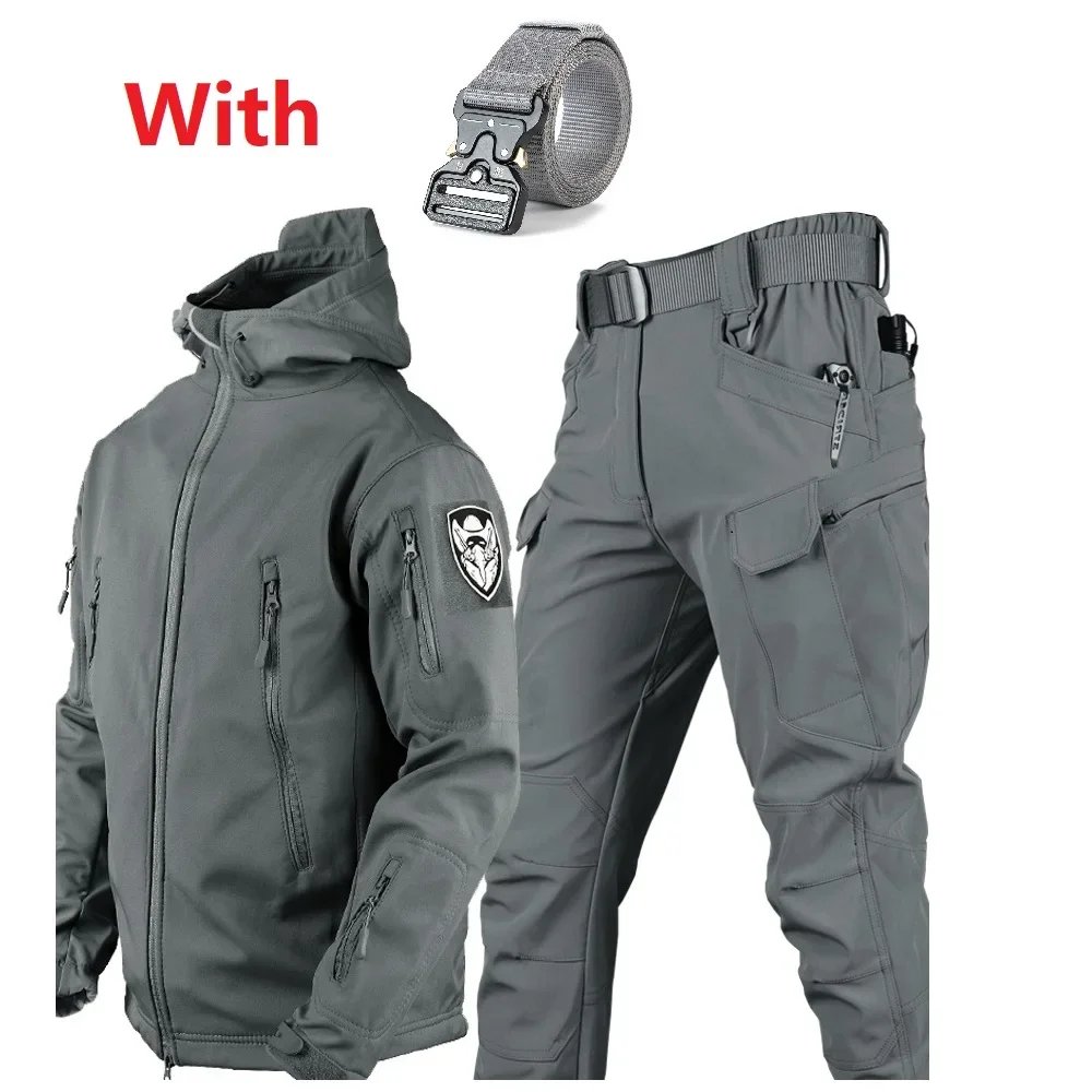 Men Fall and  Winter Waterproof  Thermal   Thicken Fleece Outdoor Hiking Fishing Camping Working Two Piece Set Outfit With Belts