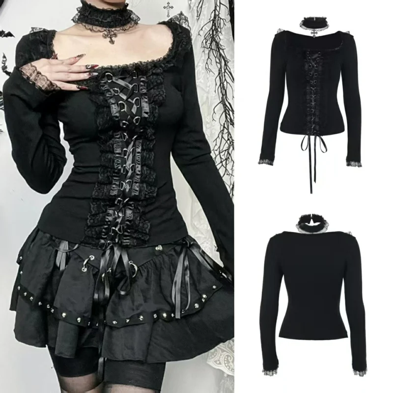 

Black Slim Lace T Shirt Woman Square Collar Long Sleeve Lace Up T Shirts Spring Autumn Solid Short Top Fashion Streetwear