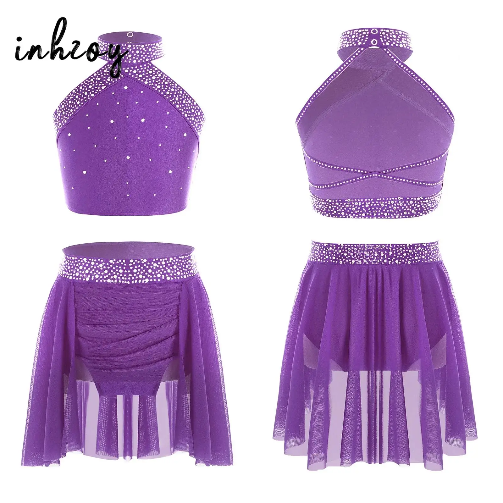 

Kids Girls Sparkly Rhinestones Dance Top and Skirt Sets Modern Contemporary Lyrical Ballet Dance Costume Figure Skating Outfits