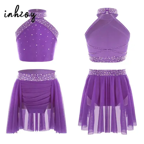 Conjuntos de falda y Top de baile con diamantes de imitación brillantes para niñas, traje de baile de Ballet lírico contemporáneo moderno, trajes de patinaje artístico